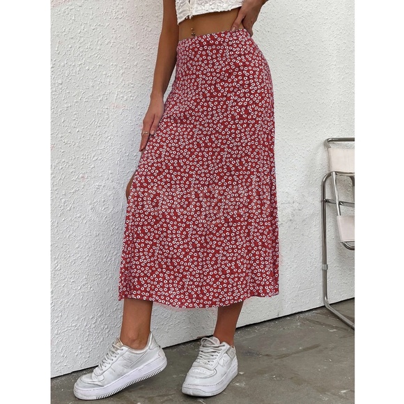 Floral White on Red Midi Wrap Skirt A-line, Leg Slit - Picture 5 of 6